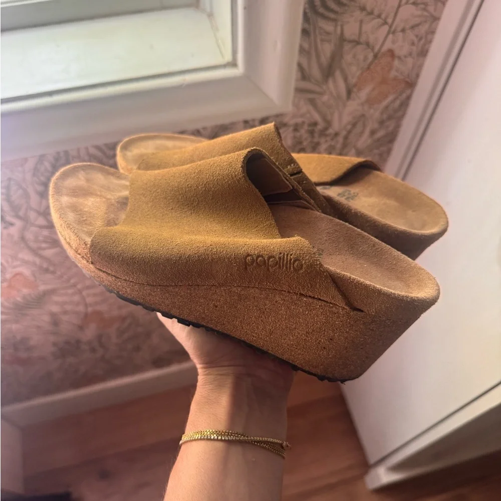 Papillio Suede Wedge Slide Sandals in Camel Brown